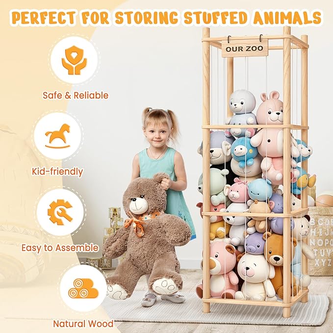 Natural Wood Stuffed Animal Tower Cage Toy Organizer(136 cm)