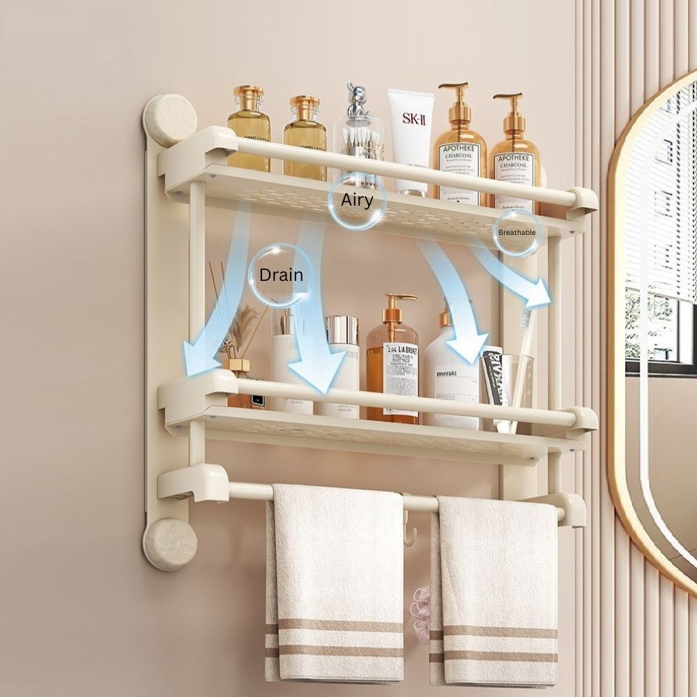 No-Drill Suction Cup Wall-Mounted Bathroom Shelf with Hooks (60 cm)