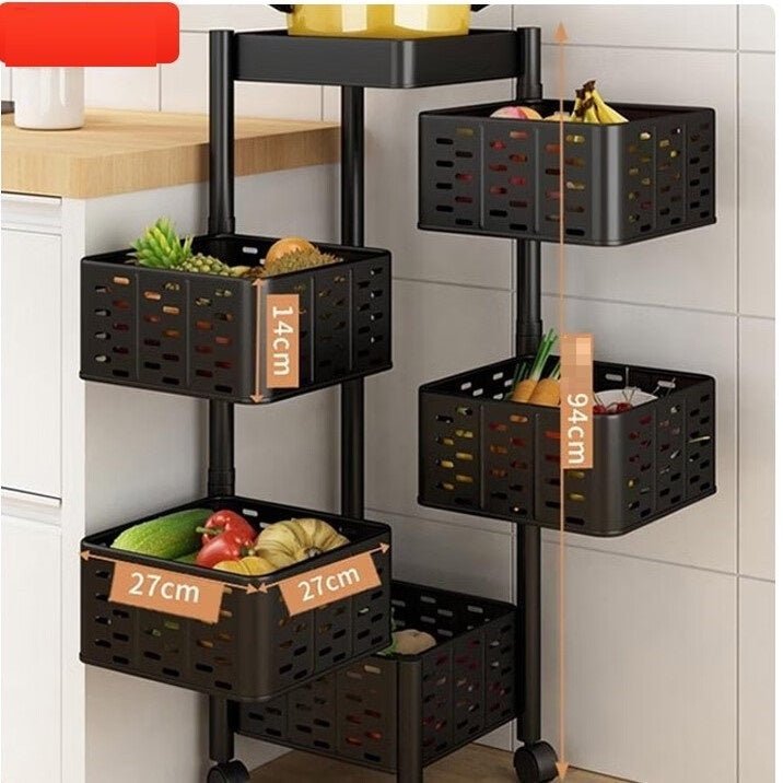 Multi-Layer Kitchen Shelf Rotating Basket Tower With Wheels