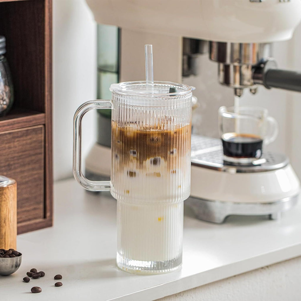 Ribbed Glass Tumbler Set with Handle & Straw(540ml)