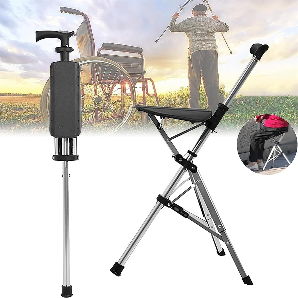 Portable Aluminum Alloy Outdoor Travel Walking Cane with Folding Triangular Seat (82cm)
