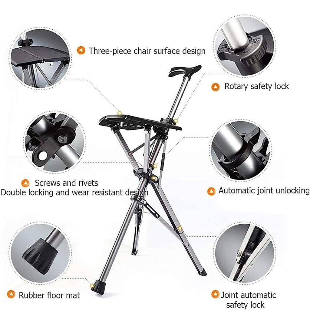 Portable Aluminum Alloy Outdoor Travel Walking Cane with Folding Triangular Seat (82cm)