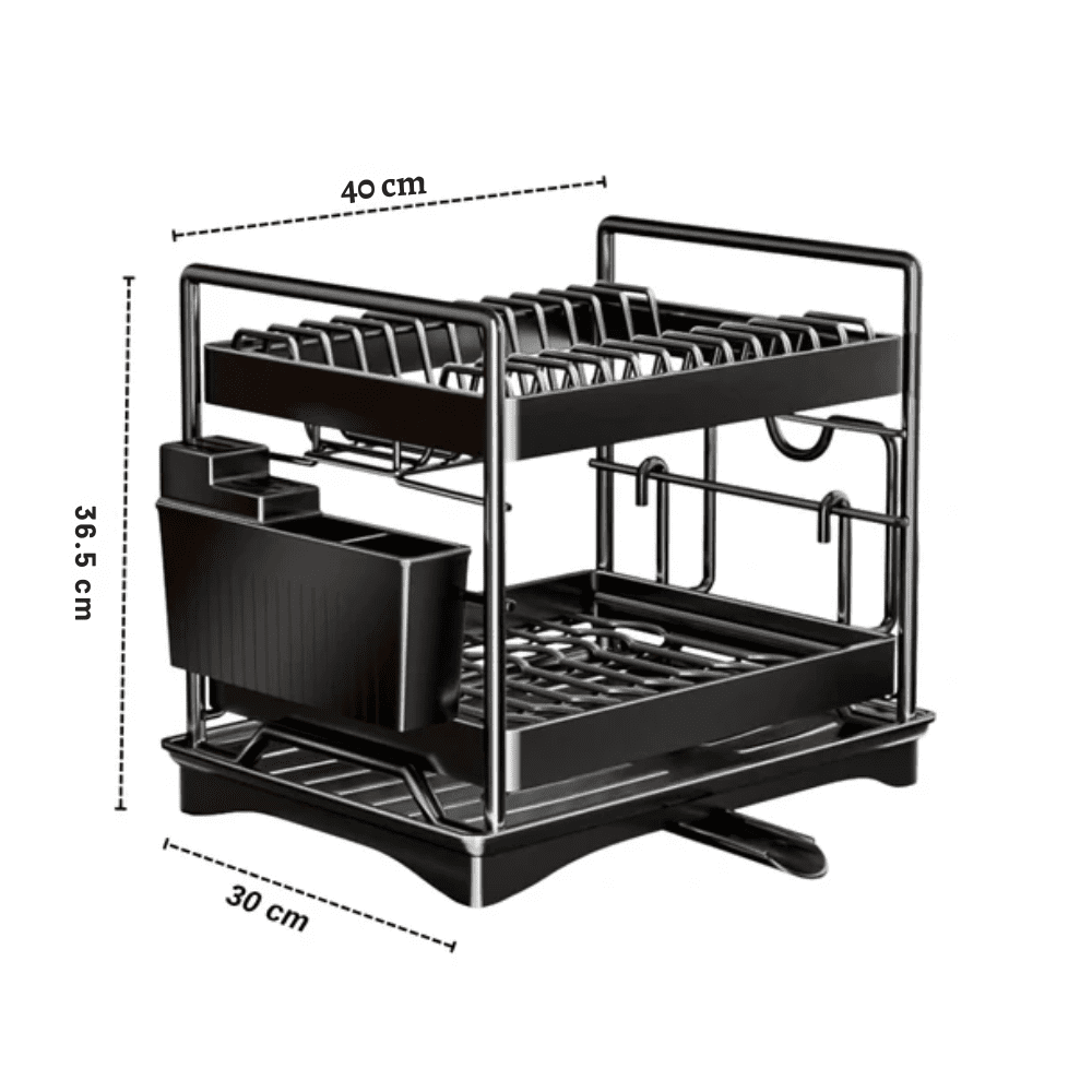 Multifunctional Carbon Steel Double Layer Dish Storage Rack with Cutlery Holder(40cm)