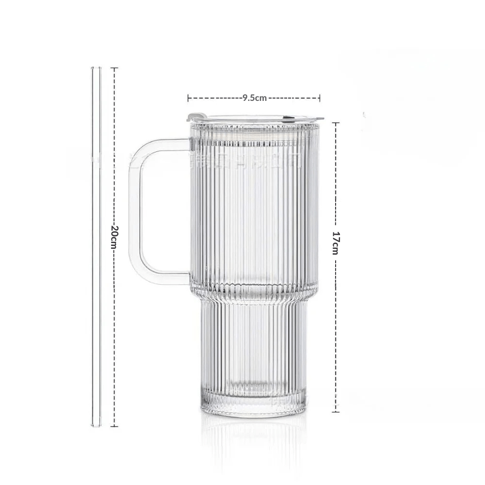 Ribbed Glass Tumbler Set with Handle & Straw(540ml)