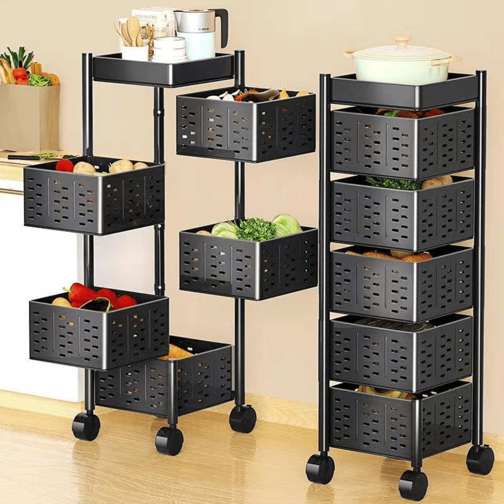 Multi-Layer Kitchen Shelf Rotating Basket Tower With Wheels