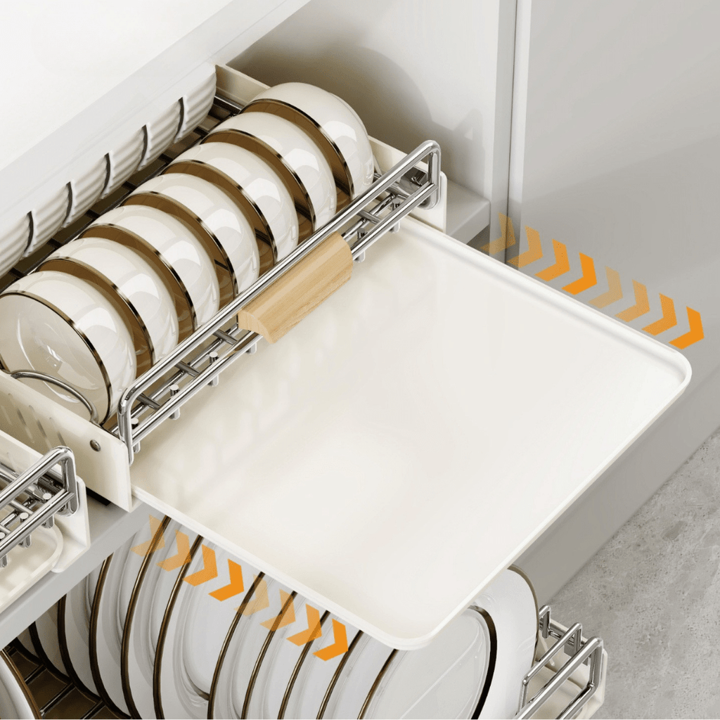 Space-Saving Stainless Steel Pull Out Dish & Bowl Rack with Drip Tray