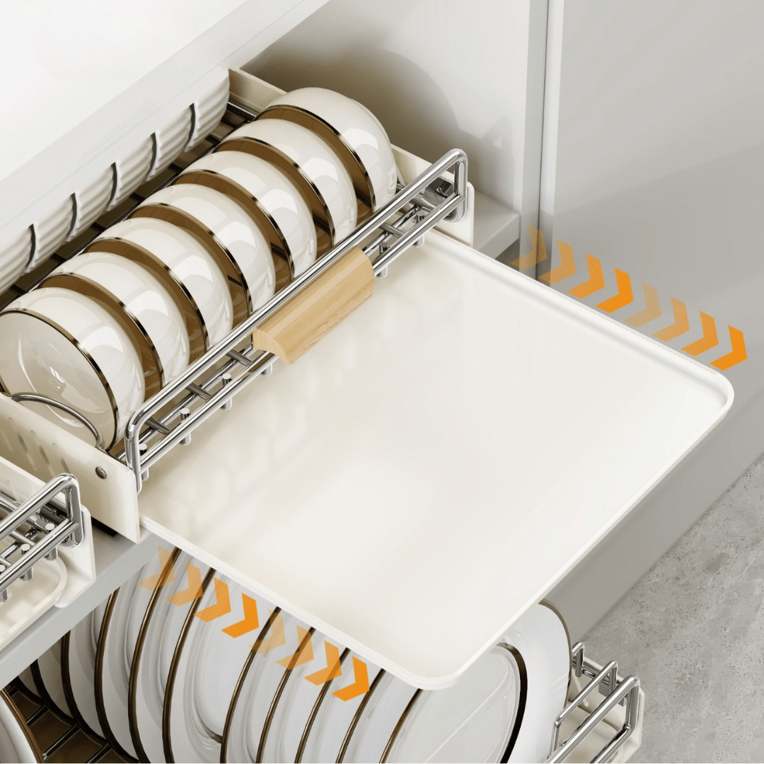 Space-Saving Stainless Steel Pull Out Dish & Bowl Rack with Drip Tray