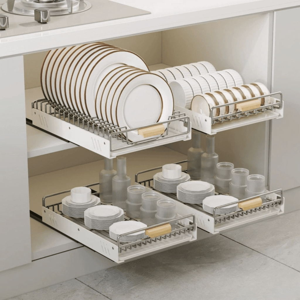 Space-Saving Stainless Steel Pull Out Dish & Bowl Rack with Drip Tray
