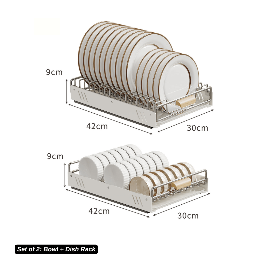Space-Saving Stainless Steel Pull Out Dish & Bowl Rack with Drip Tray