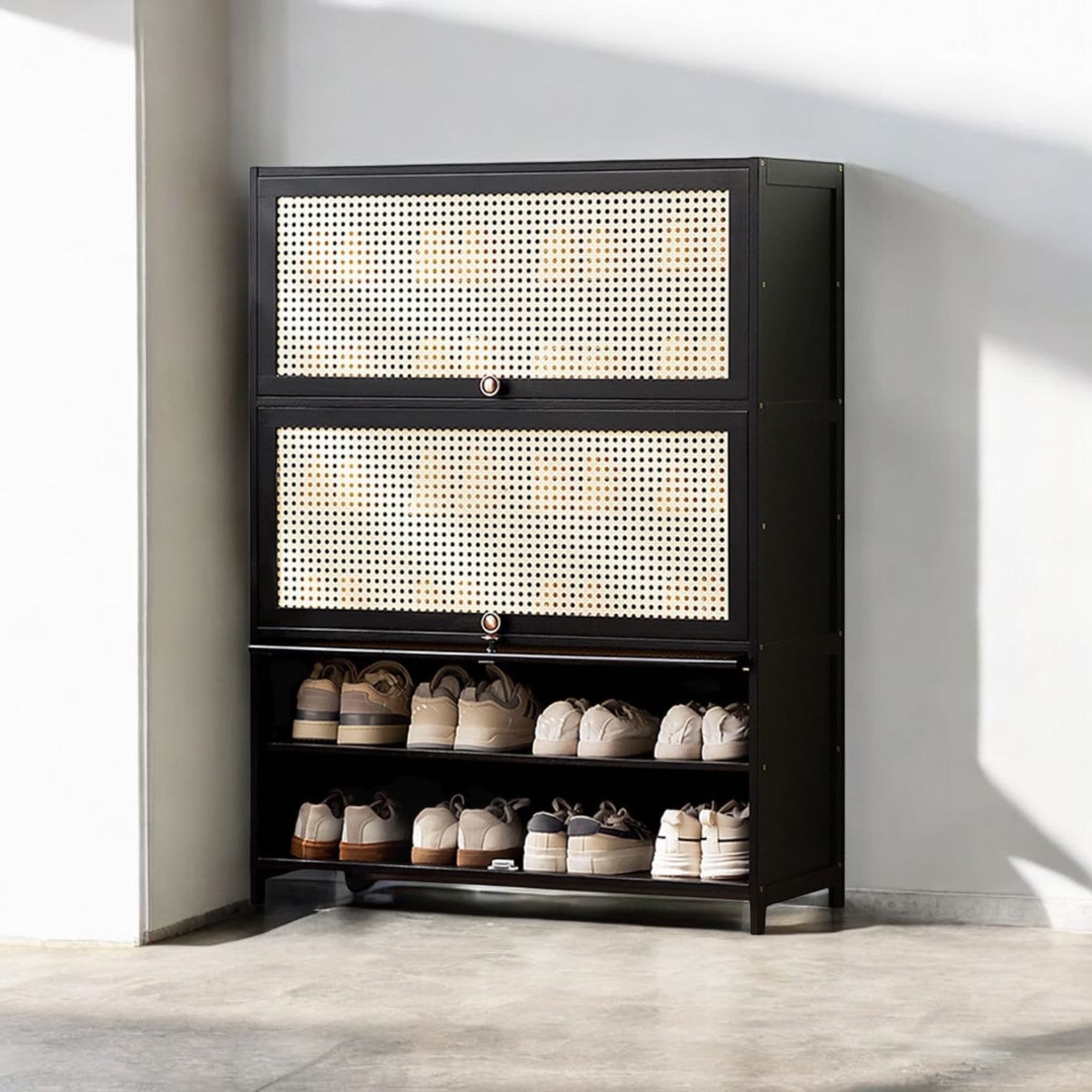 Multi-Tier Bamboo Wood Storage Shelf with Flip-Up Doors (Black-80cm)