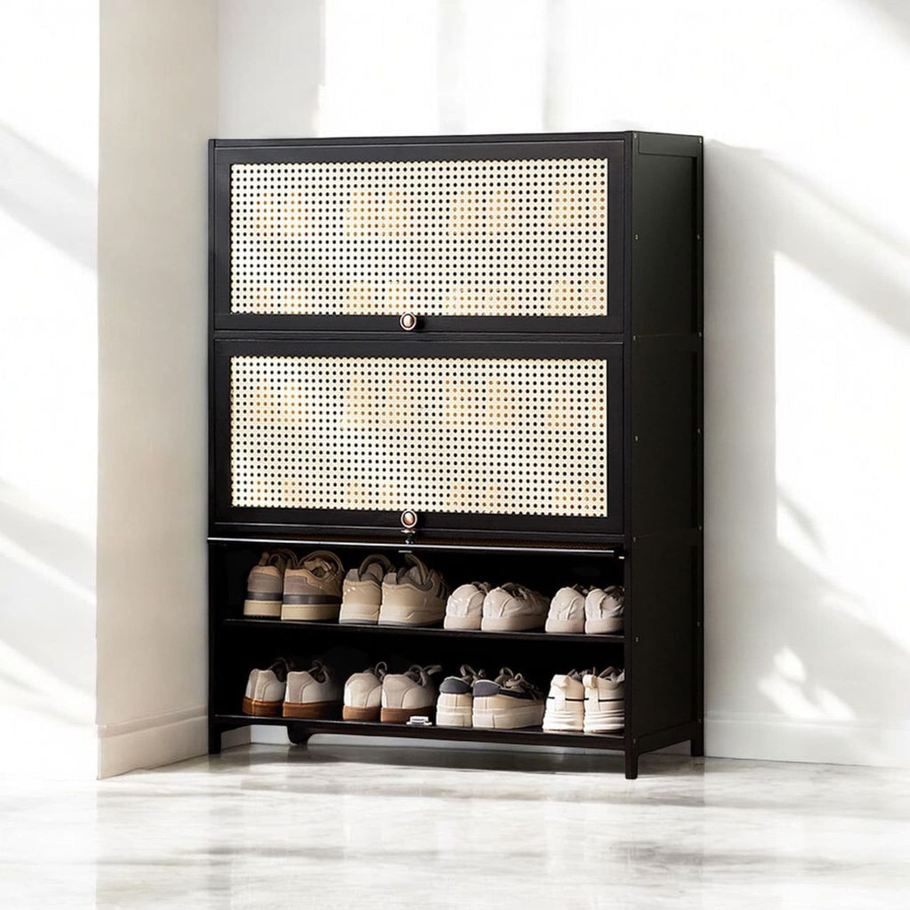 Multi-Tier Bamboo Wood Storage Shelf with Flip-Up Doors (Black-80cm)