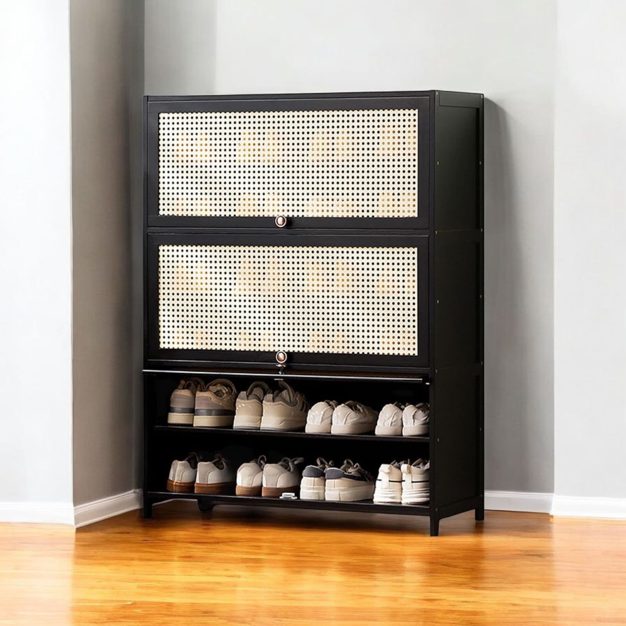 Multi-Tier Bamboo Wood Storage Shelf with Flip-Up Doors (Black-80cm)